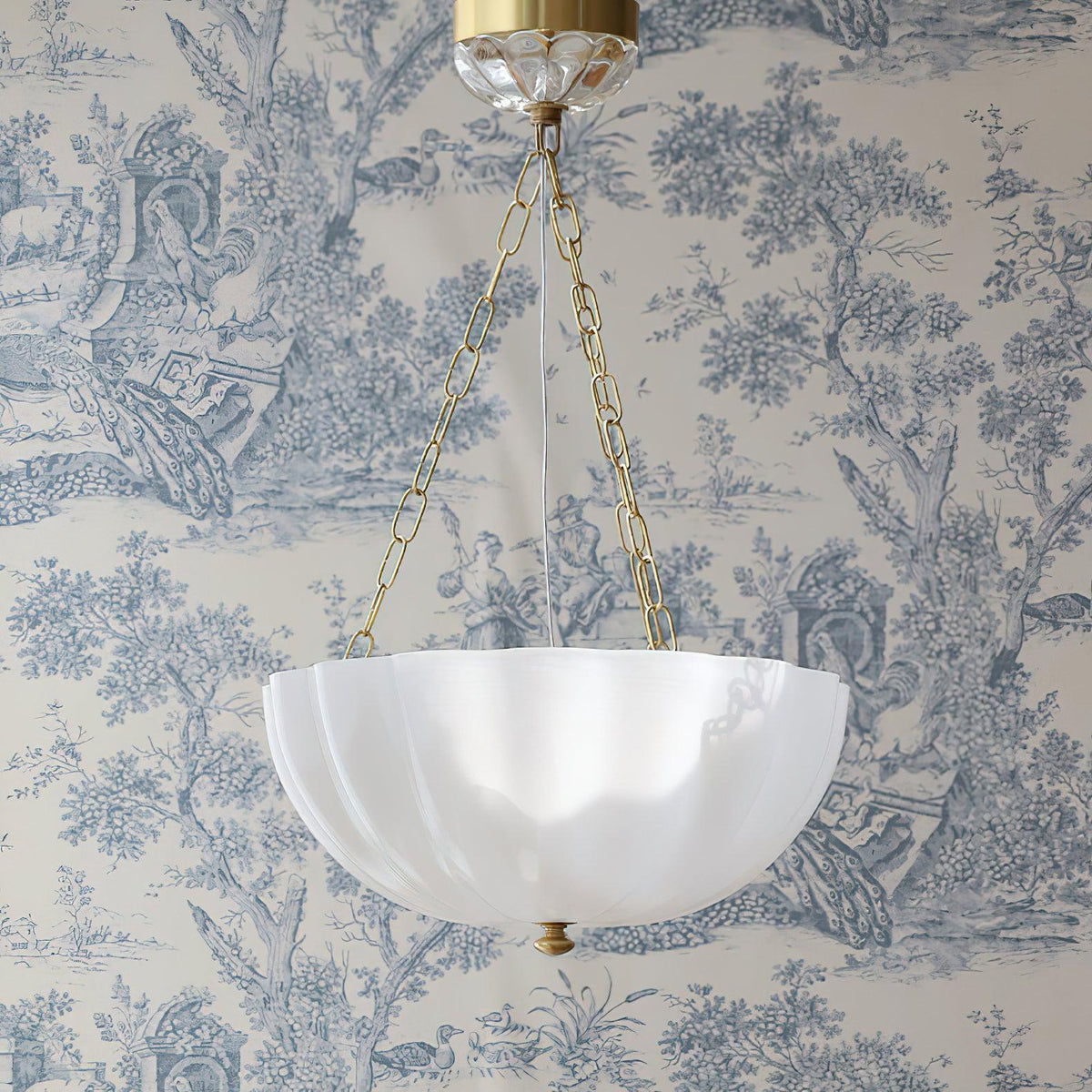 Rosehill Art Deco Chandelier — Gold Iron Frame, White Glass Shade, 3-Light