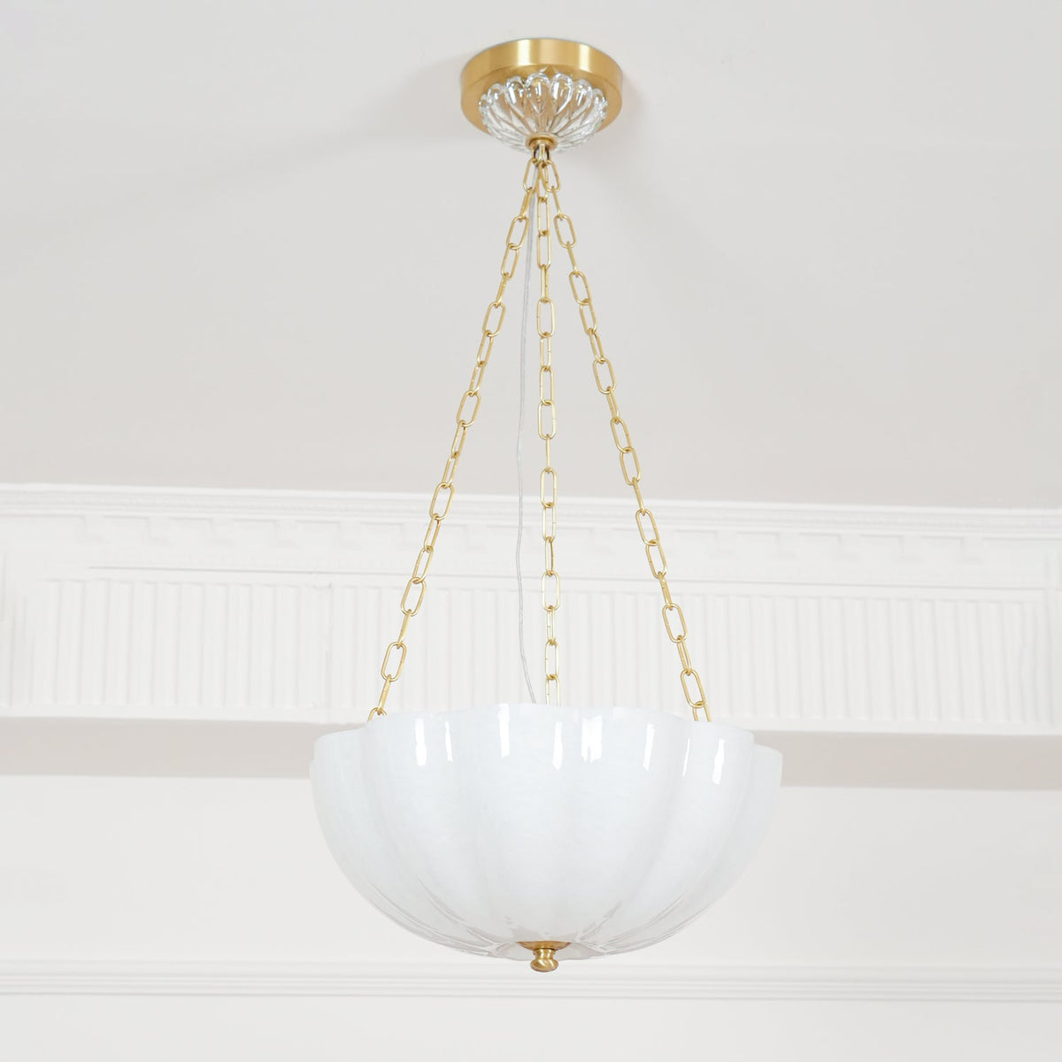 Rosehill Art Deco Chandelier — Gold Iron Frame, White Glass Shade, 3-Light
