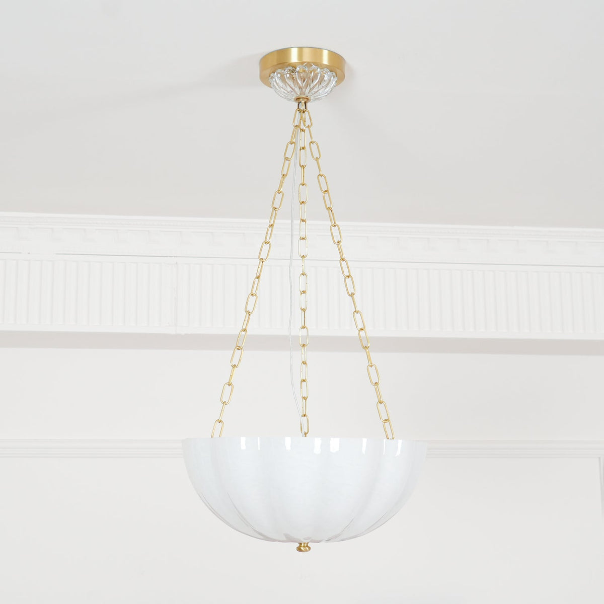 Rosehill Art Deco Chandelier — Gold Iron Frame, White Glass Shade, 3-Light