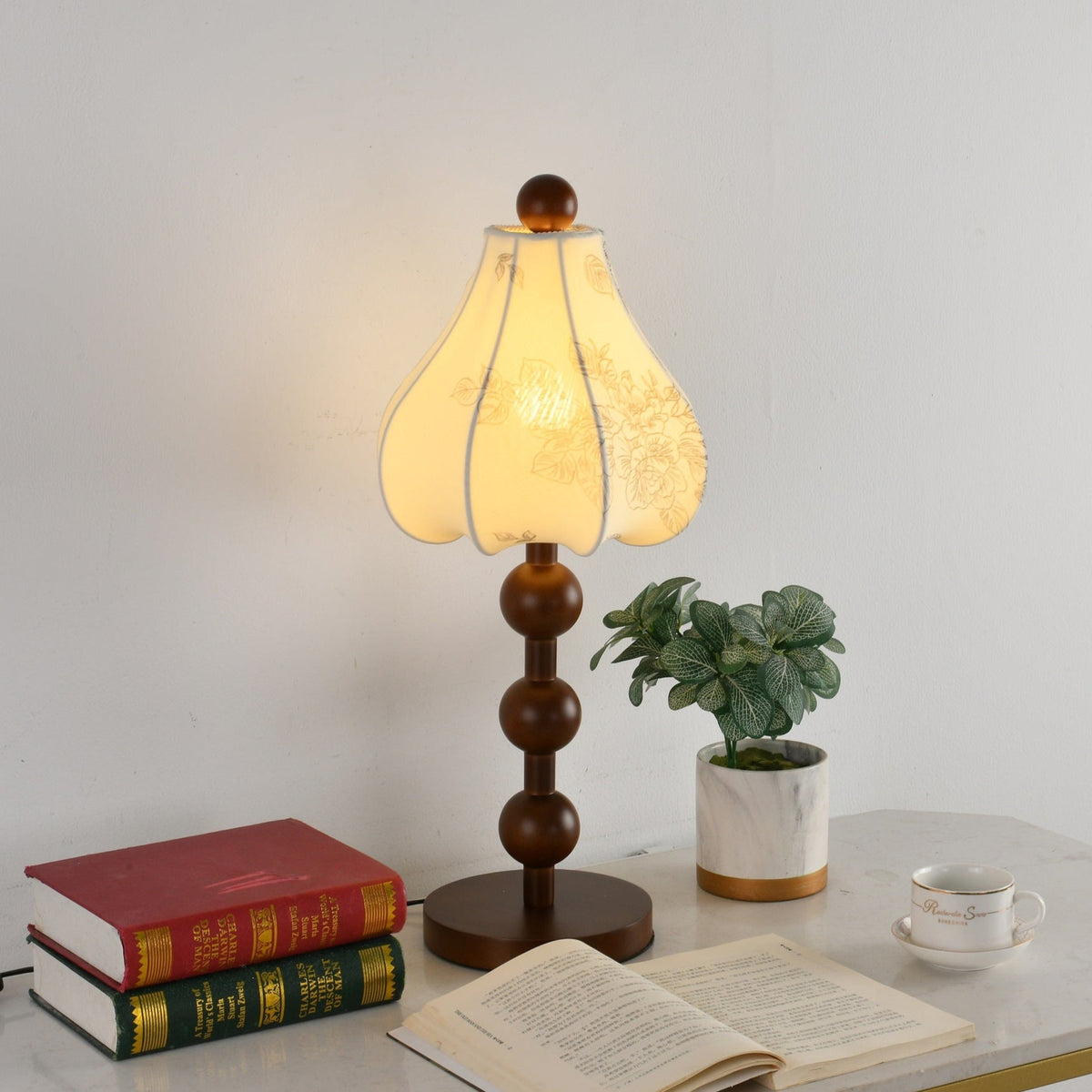 Roselle Bloom Table Lamp – Floral Shade with Walnut Wood Base
