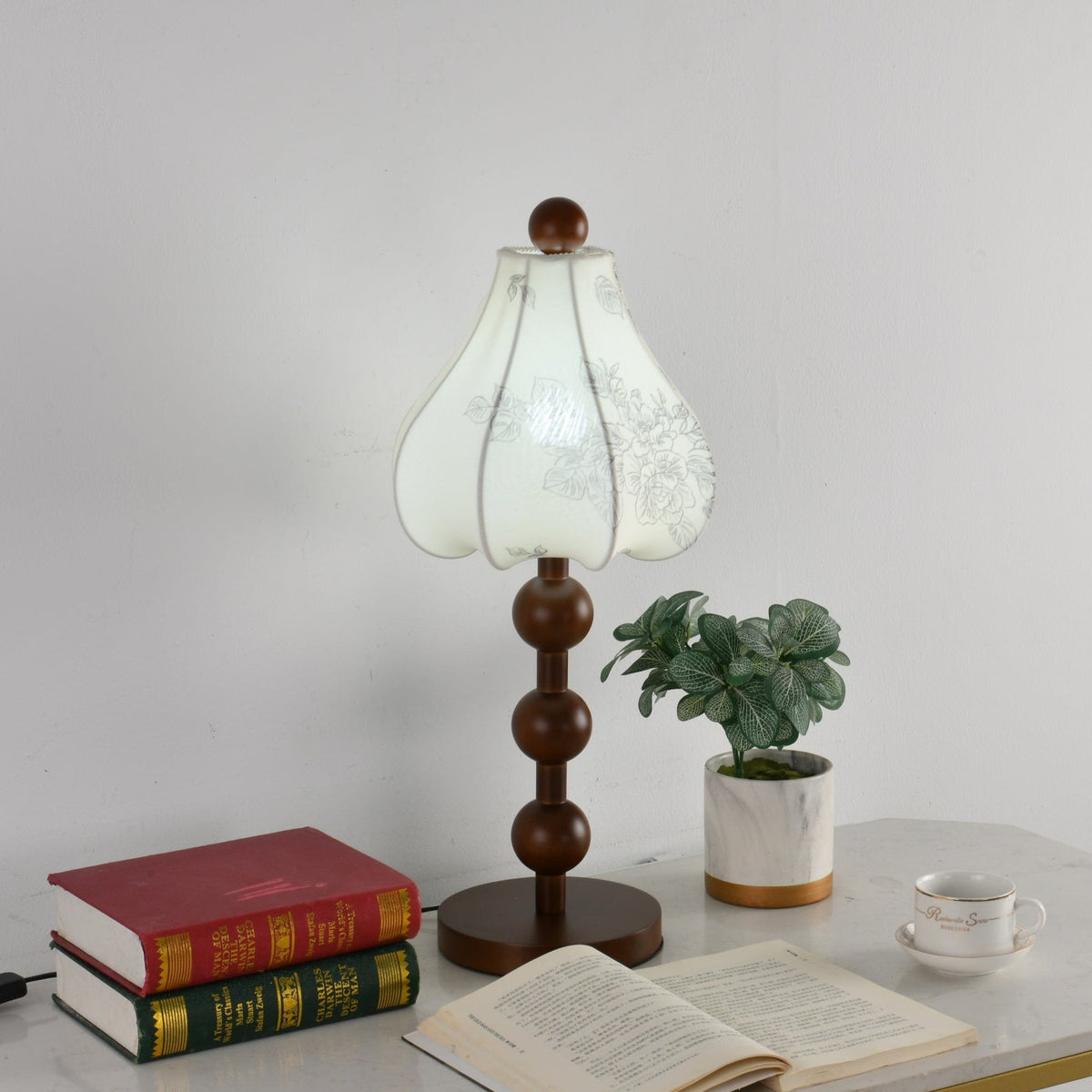 Roselle Bloom Table Lamp – Floral Shade with Walnut Wood Base