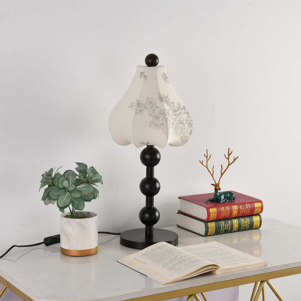 Roselle Bloom Table Lamp – Floral Shade with Walnut Wood Base