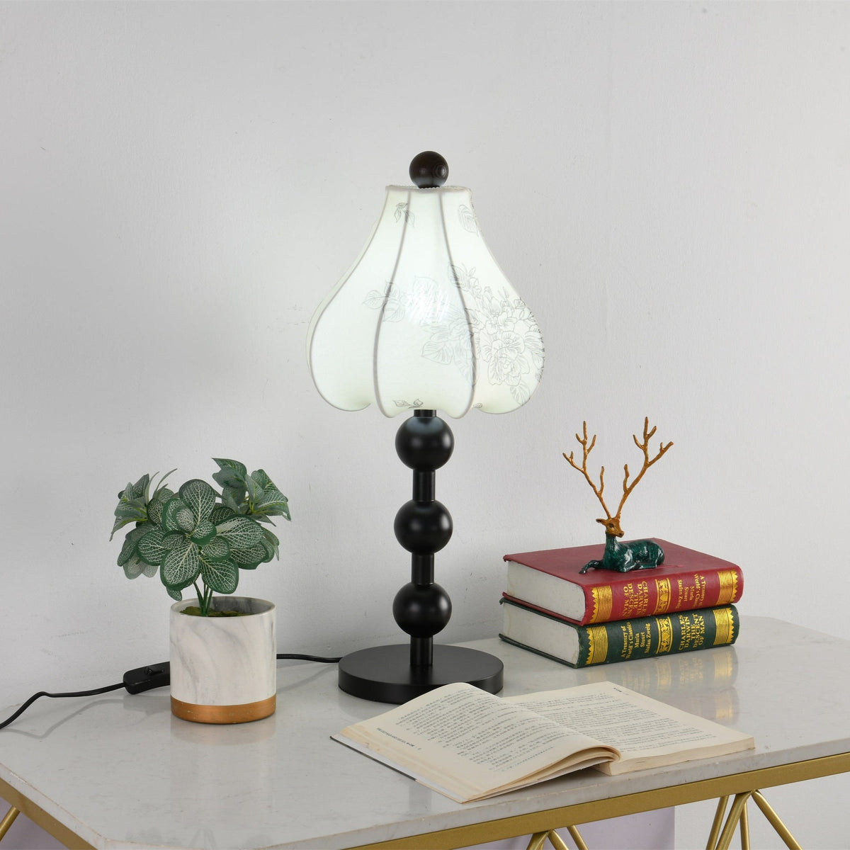 Roselle Bloom Table Lamp – Floral Shade with Walnut Wood Base