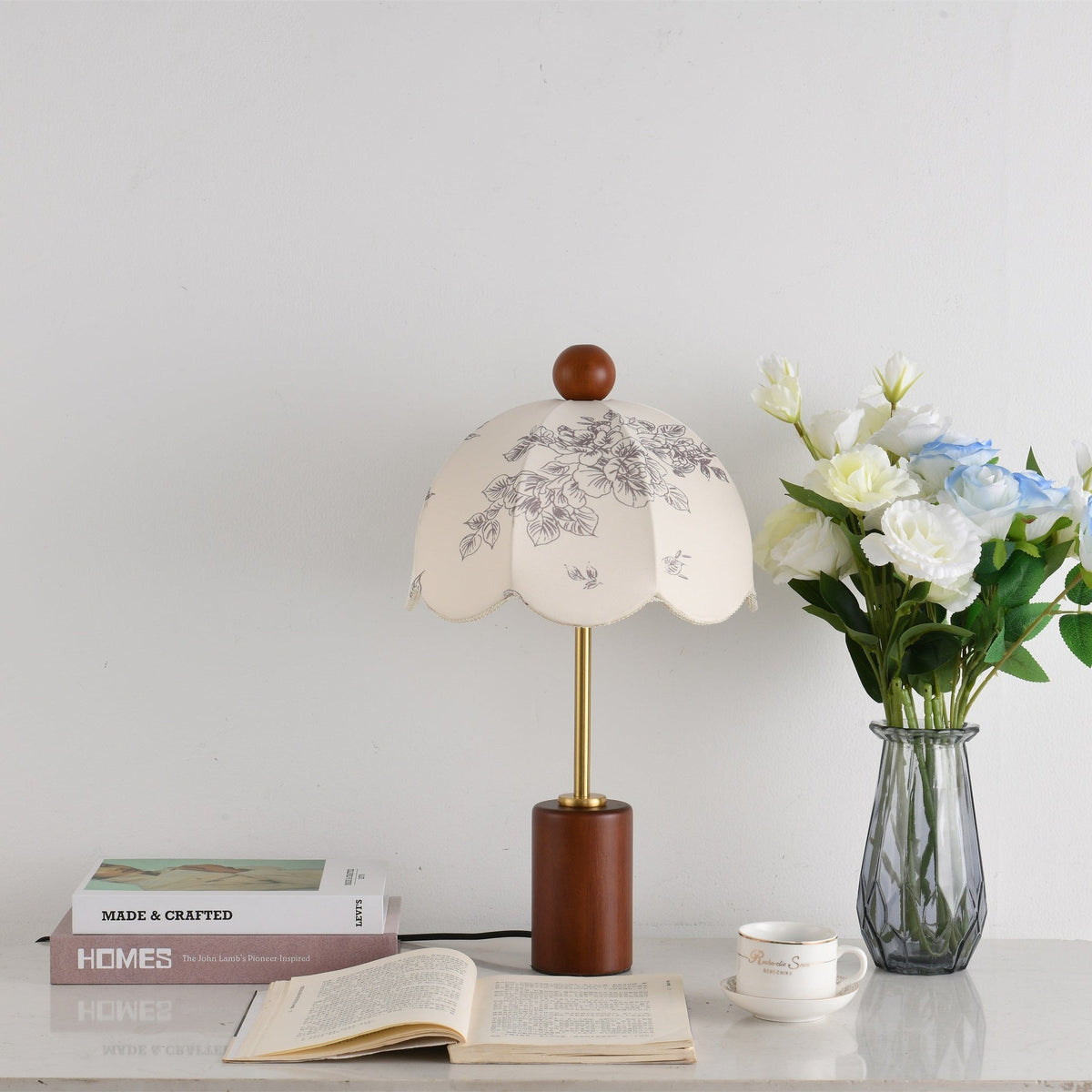 Roselle Vintage Table Lamp with Floral Scalloped Shade and Walnut Wood Base