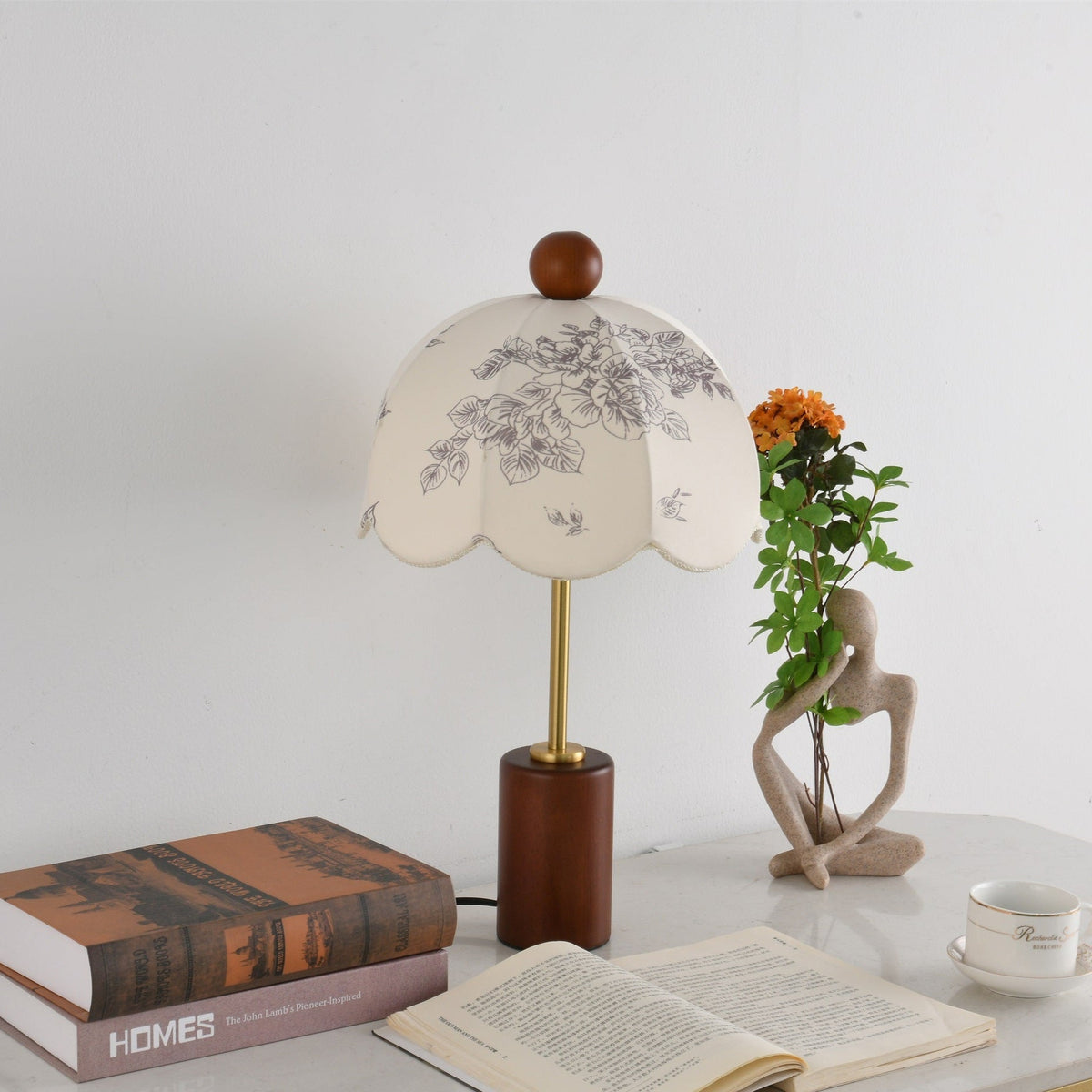 Roselle Vintage Table Lamp with Floral Scalloped Shade and Walnut Wood Base