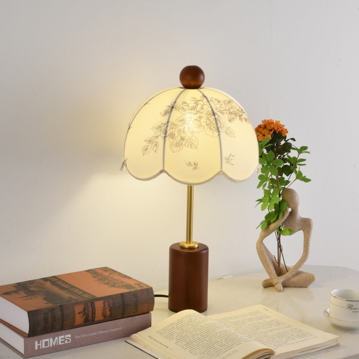 Roselle Vintage Table Lamp with Floral Scalloped Shade and Walnut Wood Base
