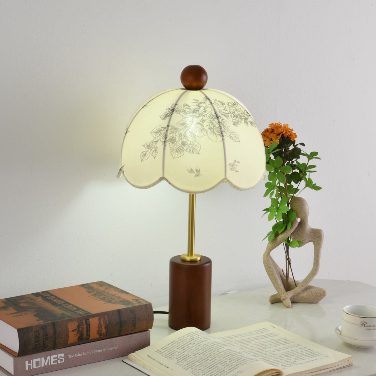 Roselle Vintage Table Lamp with Floral Scalloped Shade and Walnut Wood Base