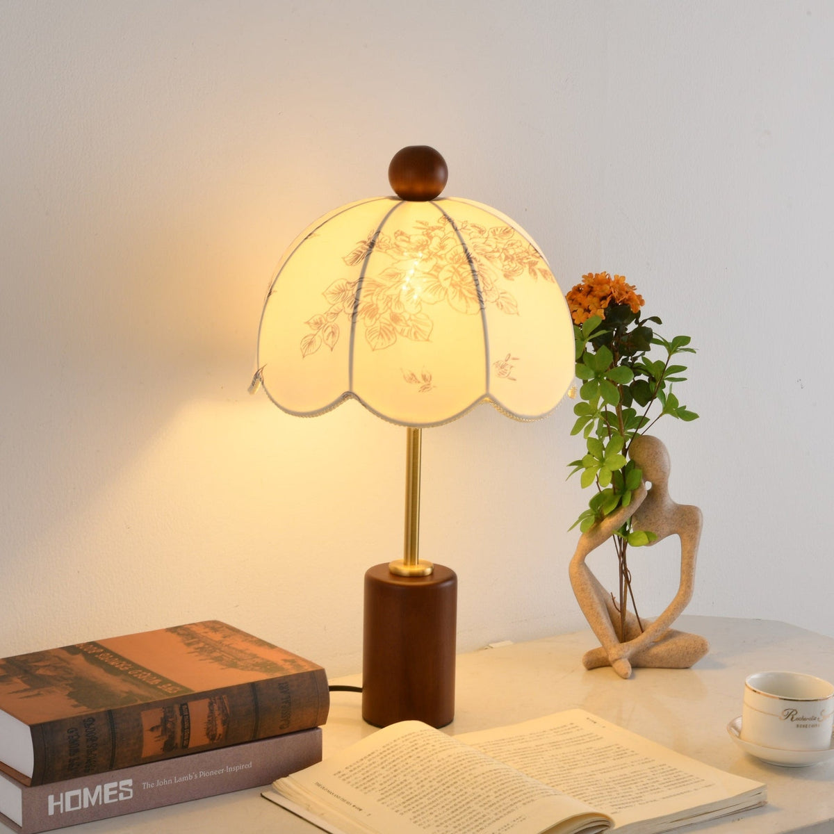 Roselle Vintage Table Lamp with Floral Scalloped Shade and Walnut Wood Base