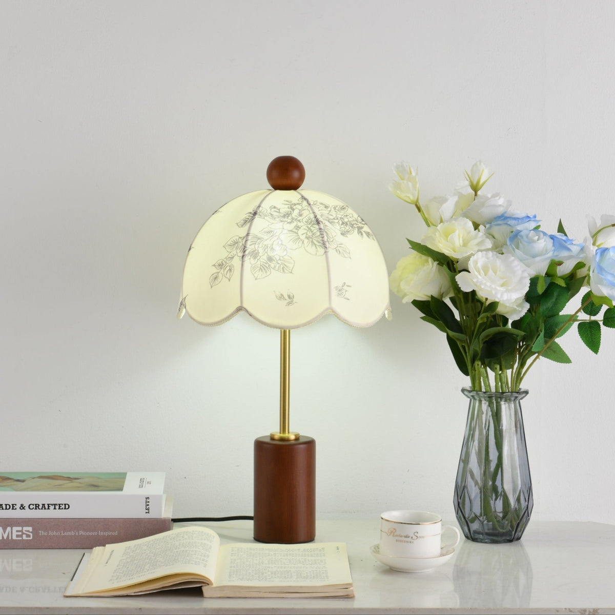 Roselle Vintage Table Lamp with Floral Scalloped Shade and Walnut Wood Base