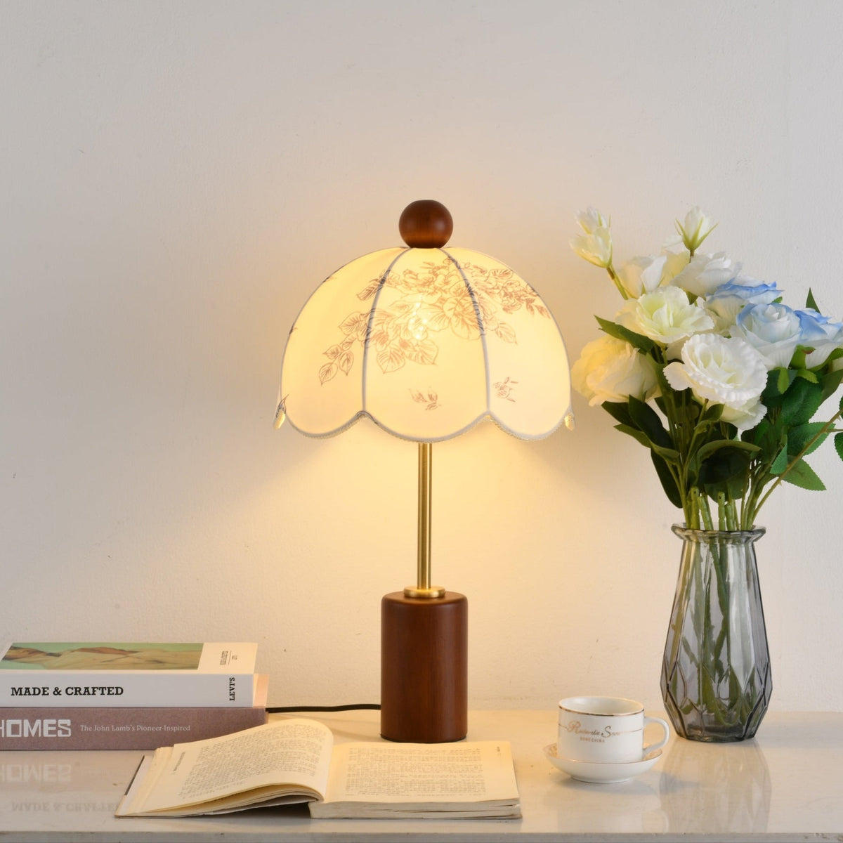 Roselle Vintage Table Lamp with Floral Scalloped Shade and Walnut Wood Base