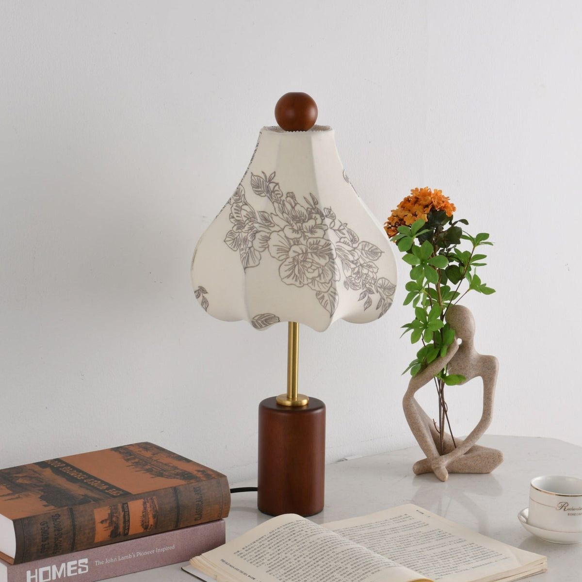 Roselle Vintage Table Lamp with Floral Scalloped Shade and Walnut Wood Base