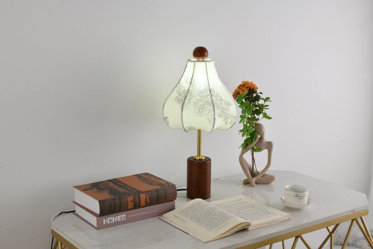 Roselle Vintage Table Lamp with Floral Scalloped Shade and Walnut Wood Base