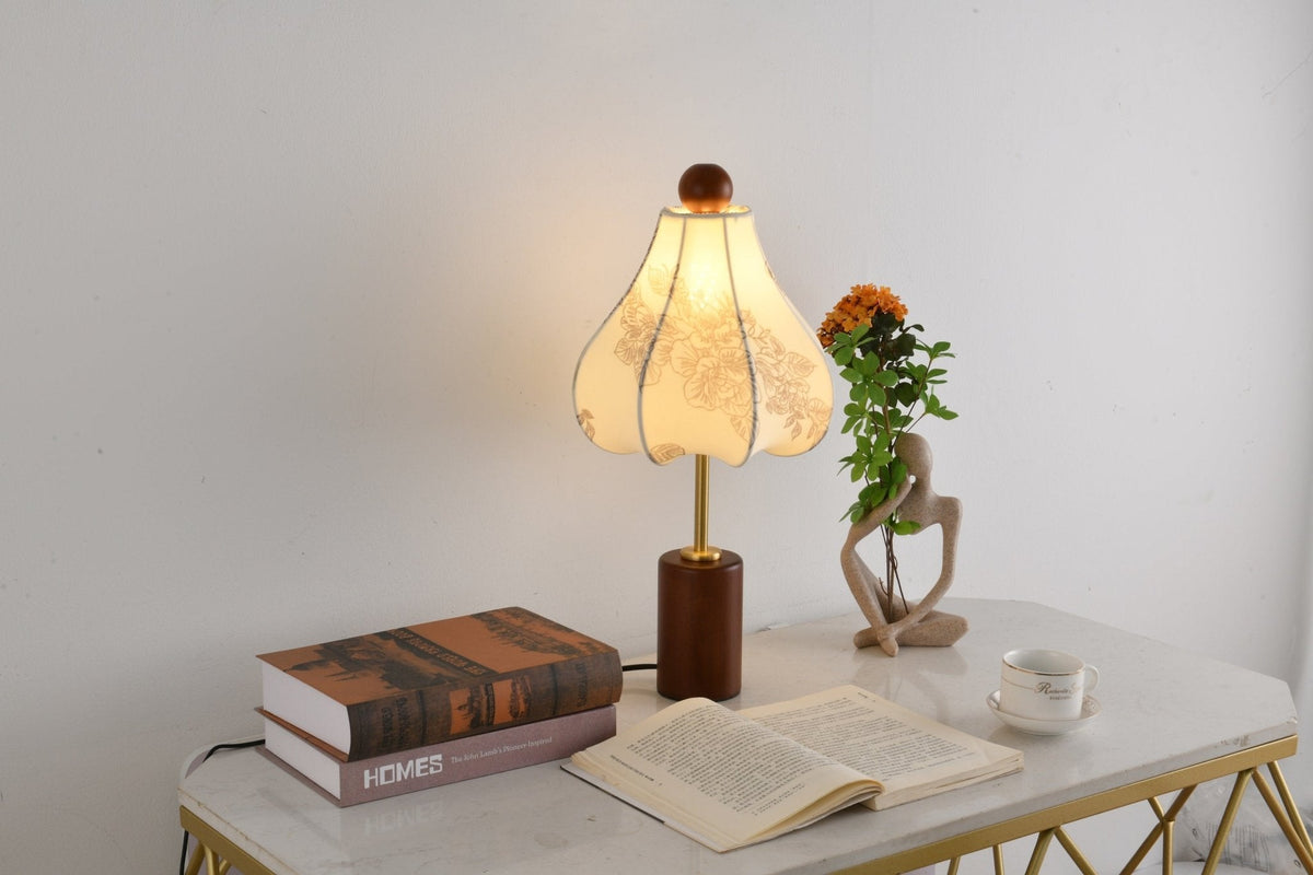 Roselle Vintage Table Lamp with Floral Scalloped Shade and Walnut Wood Base