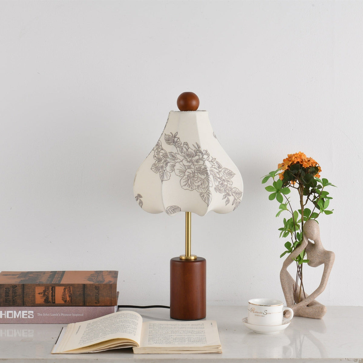 Roselle Vintage Table Lamp with Floral Scalloped Shade and Walnut Wood Base