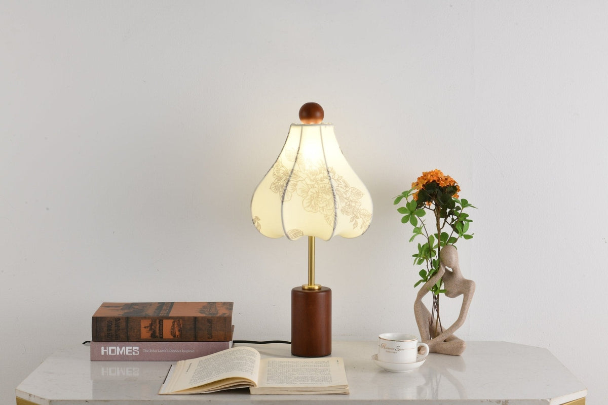 Roselle Vintage Table Lamp with Floral Scalloped Shade and Walnut Wood Base