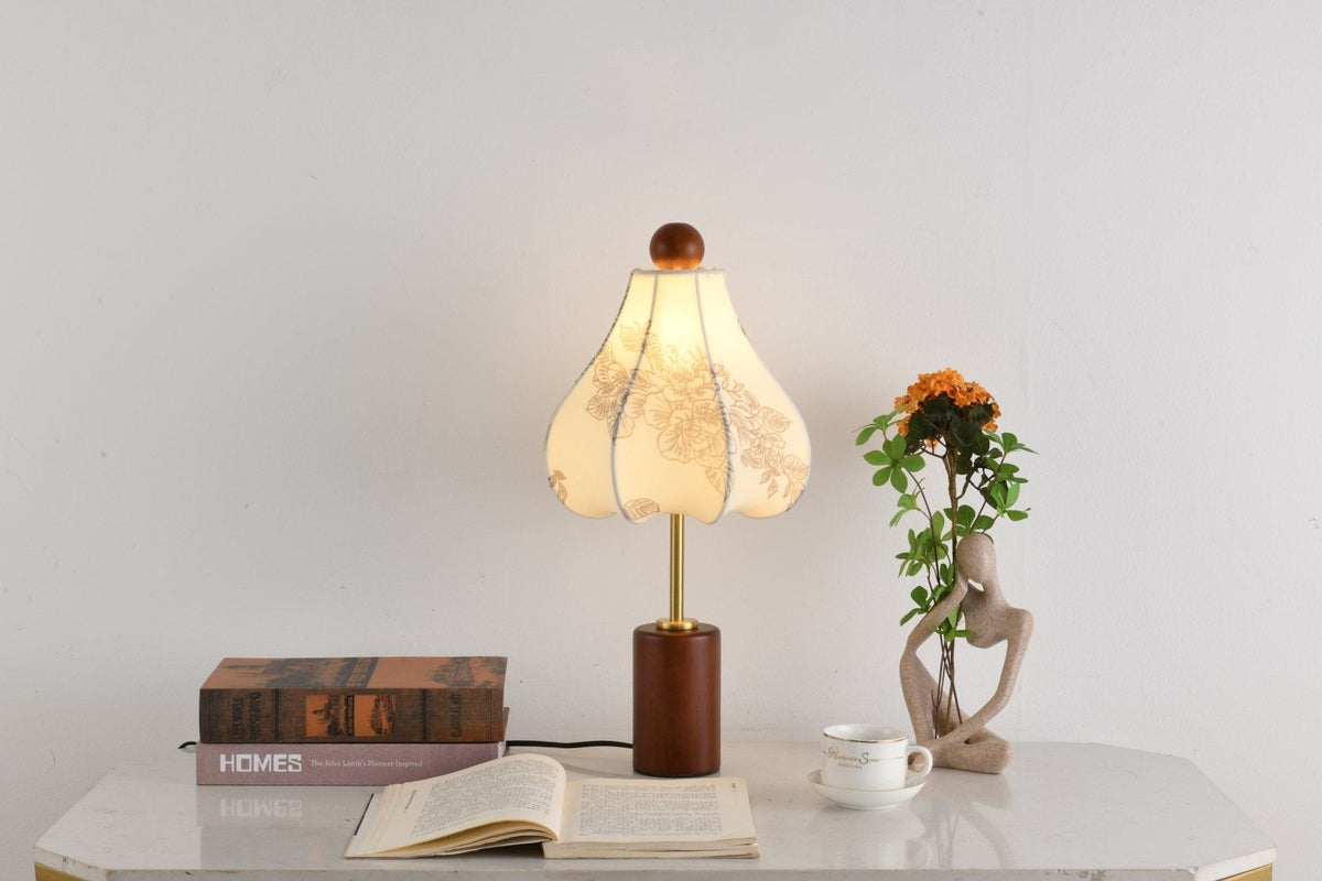 Roselle Vintage Table Lamp with Floral Scalloped Shade and Walnut Wood Base