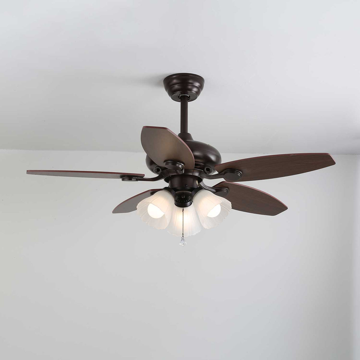Roselore Bloom Ceiling Fan Light – Scalloped Glass Shade, Walnut Finish, 42"