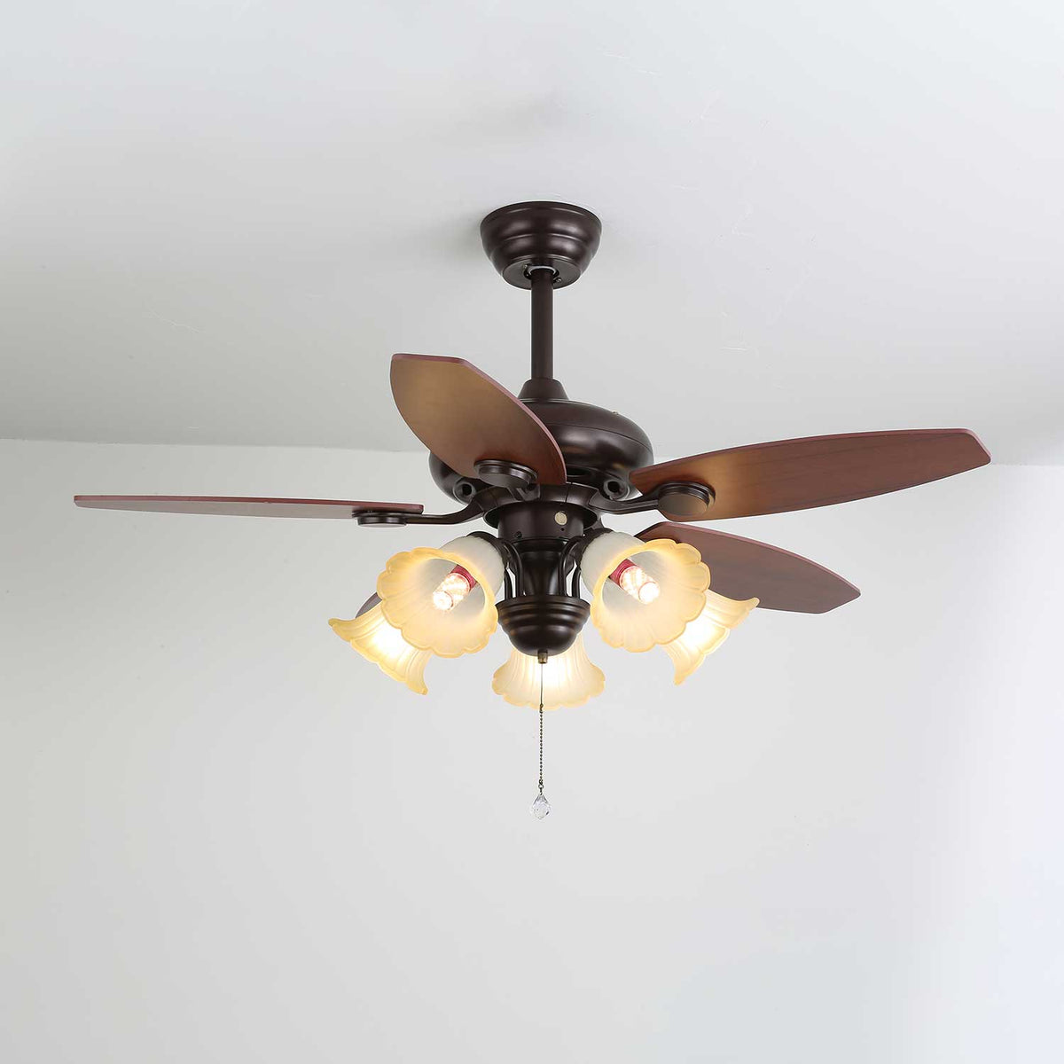 Roselore Bloom Ceiling Fan Light – Scalloped Glass Shade, Walnut Finish, 42"