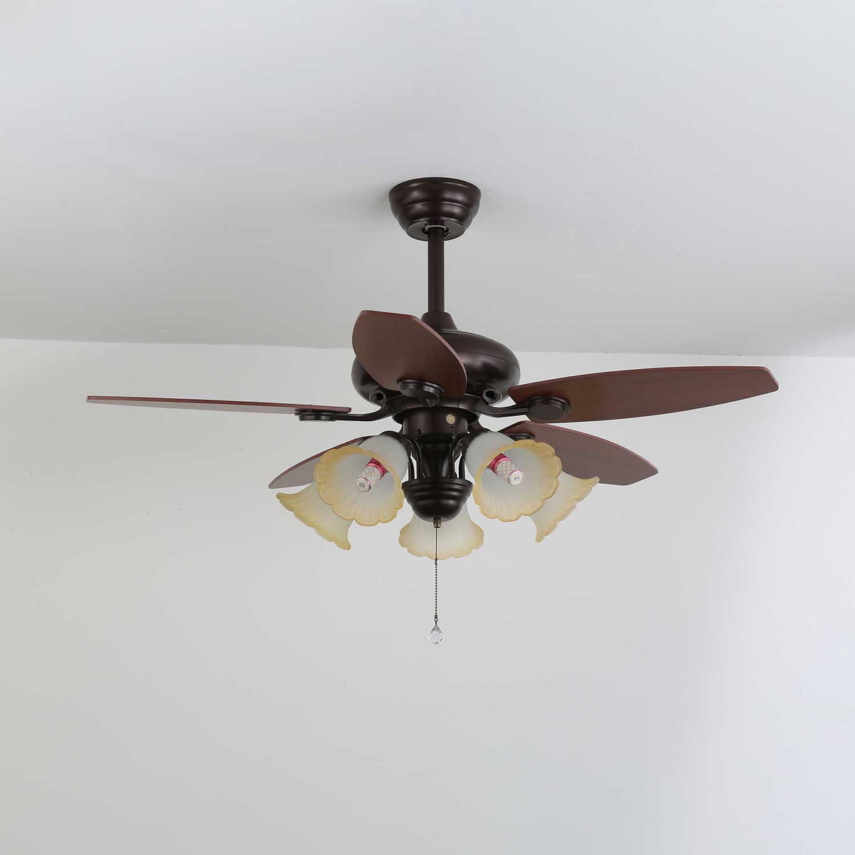 Roselore Bloom Ceiling Fan Light – Scalloped Glass Shade, Walnut Finish, 42"