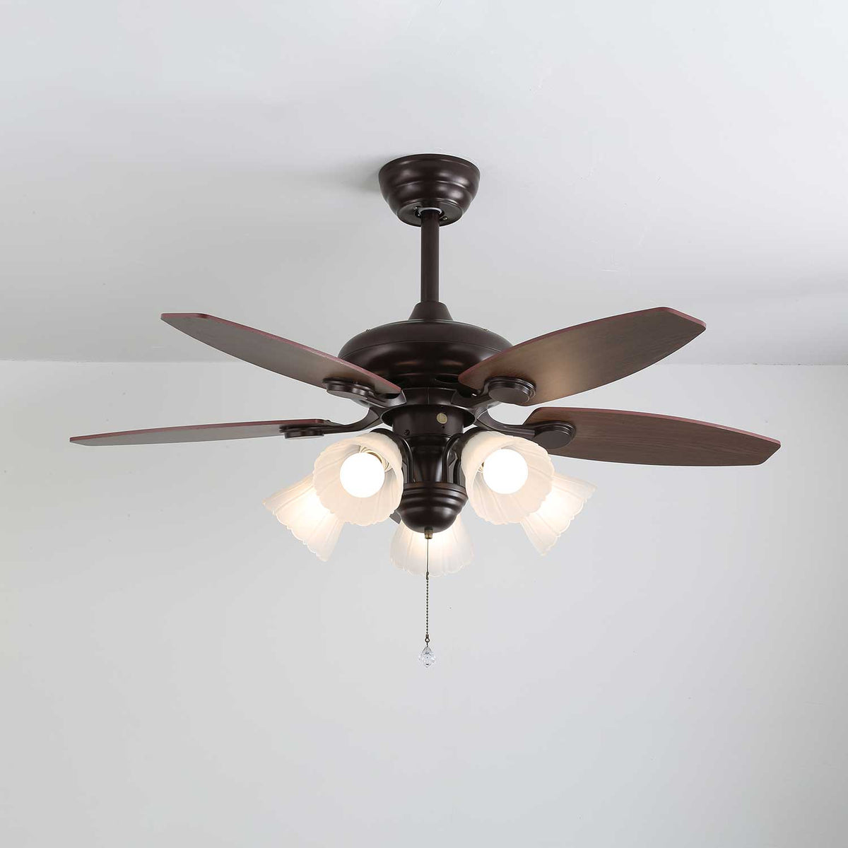 Roselore Bloom Ceiling Fan Light – Scalloped Glass Shade, Walnut Finish, 42"