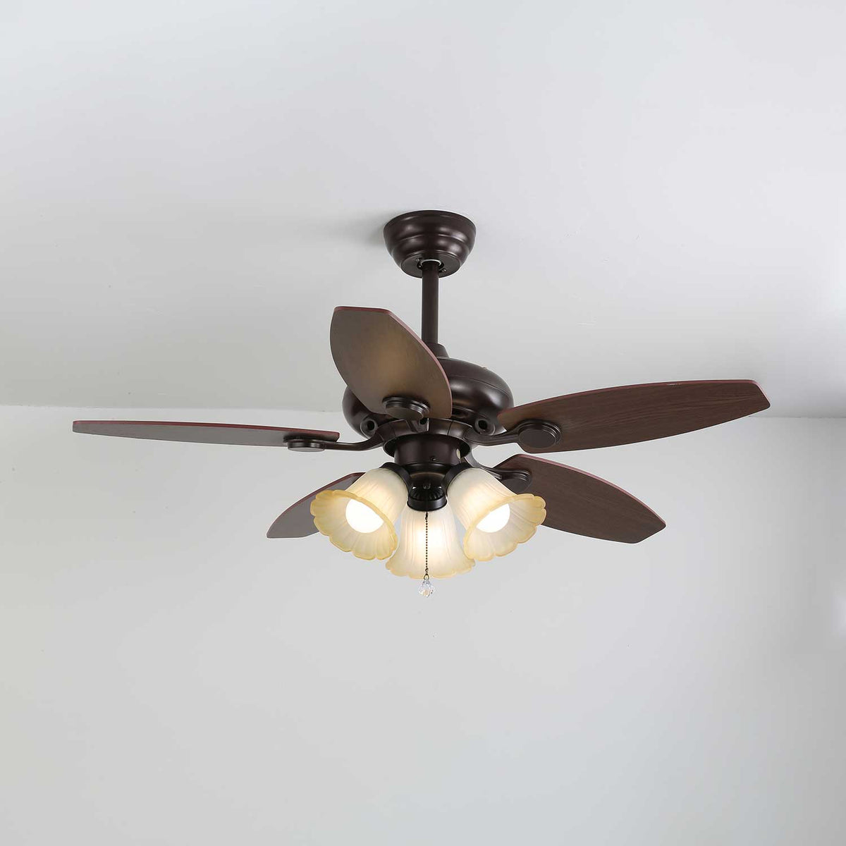 Roselore Bloom Ceiling Fan Light – Scalloped Glass Shade, Walnut Finish, 42"