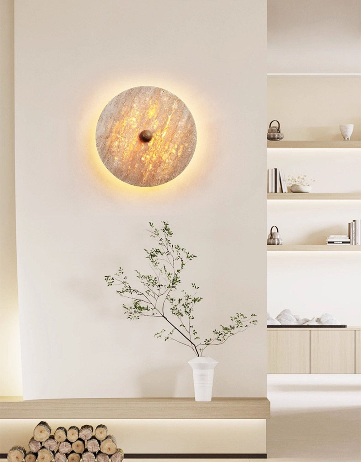 Round Travertine Disk LED Wall Sconce with Wood Accent