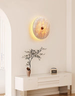 Round Travertine Disk LED Wall Sconce with Wood Accent