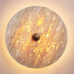 Round Travertine Disk LED Wall Sconce with Wood Accent