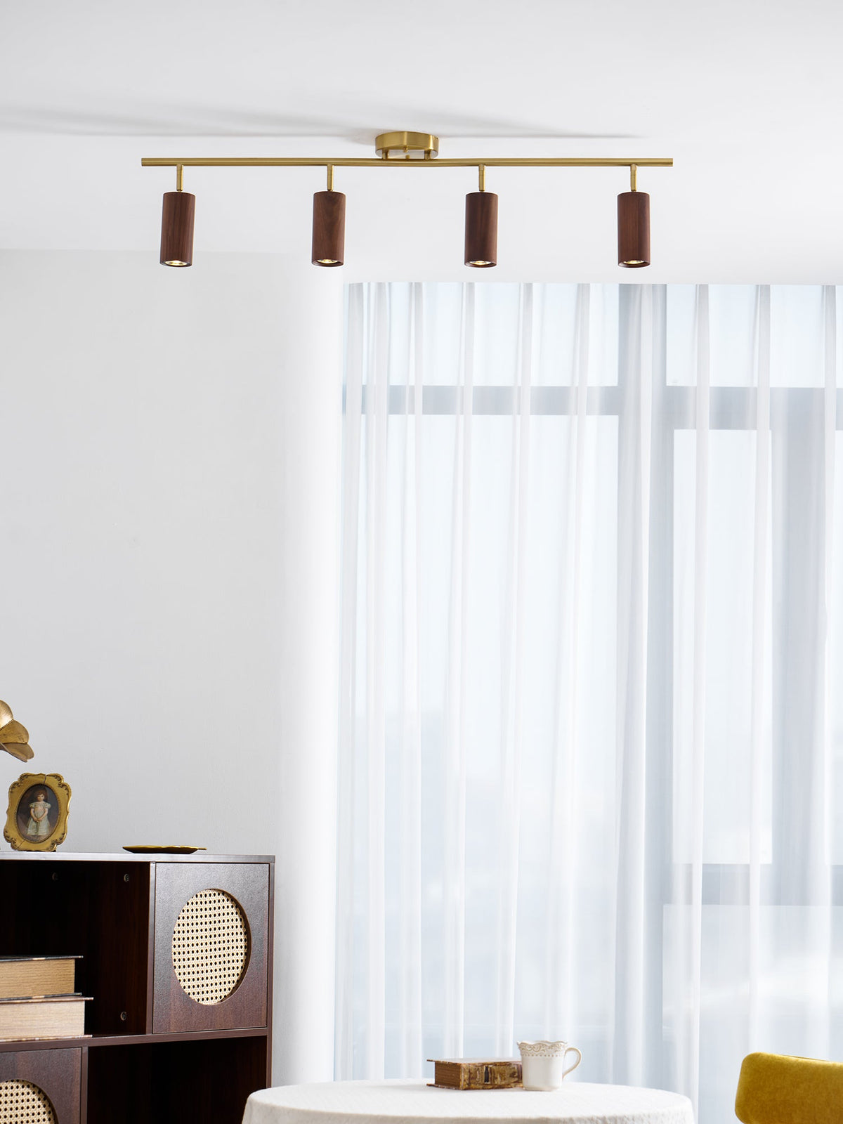 Rowan Ceiling Light in Walnut and Brass, Modern Track Lighting