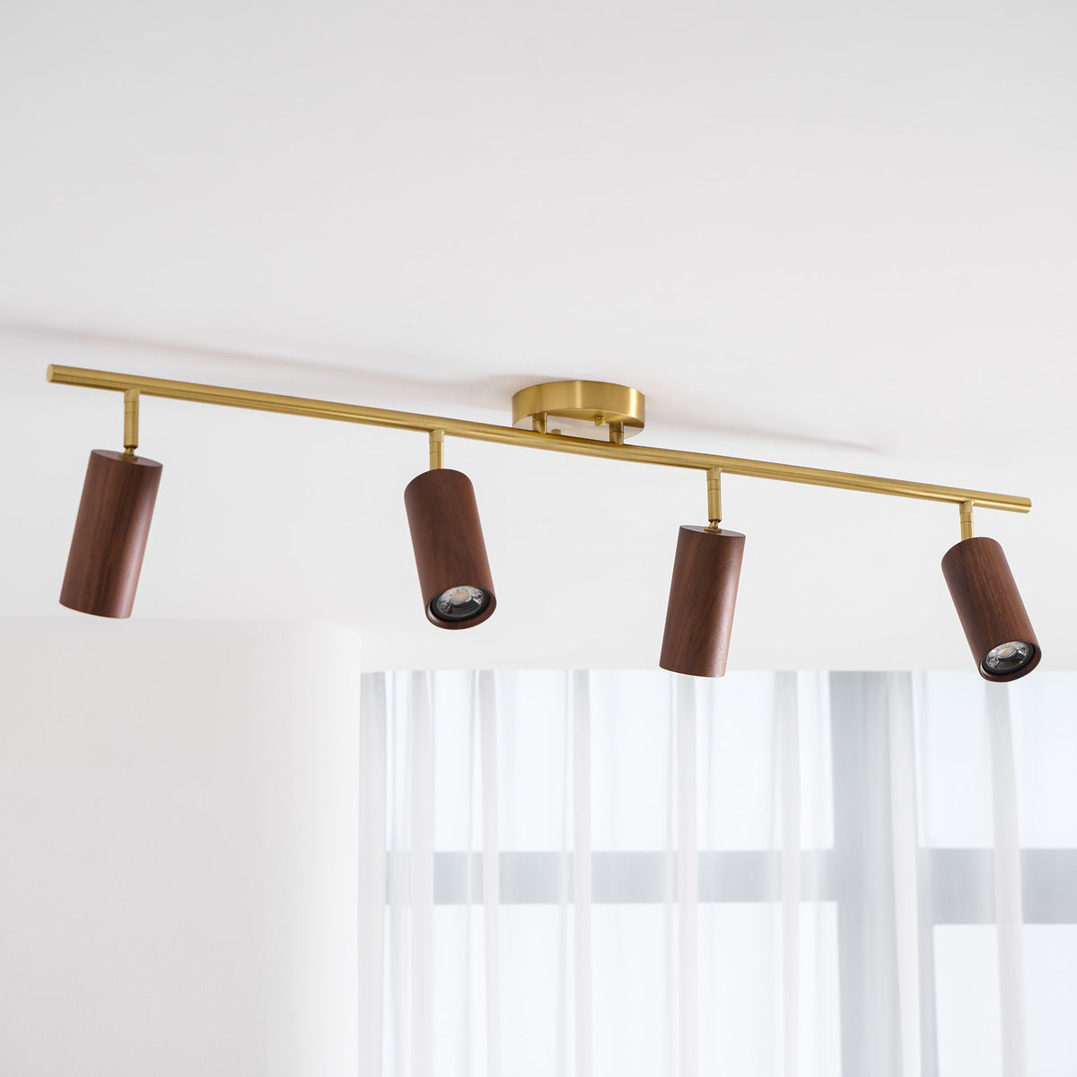 Rowan Ceiling Light in Walnut and Brass, Modern Track Lighting