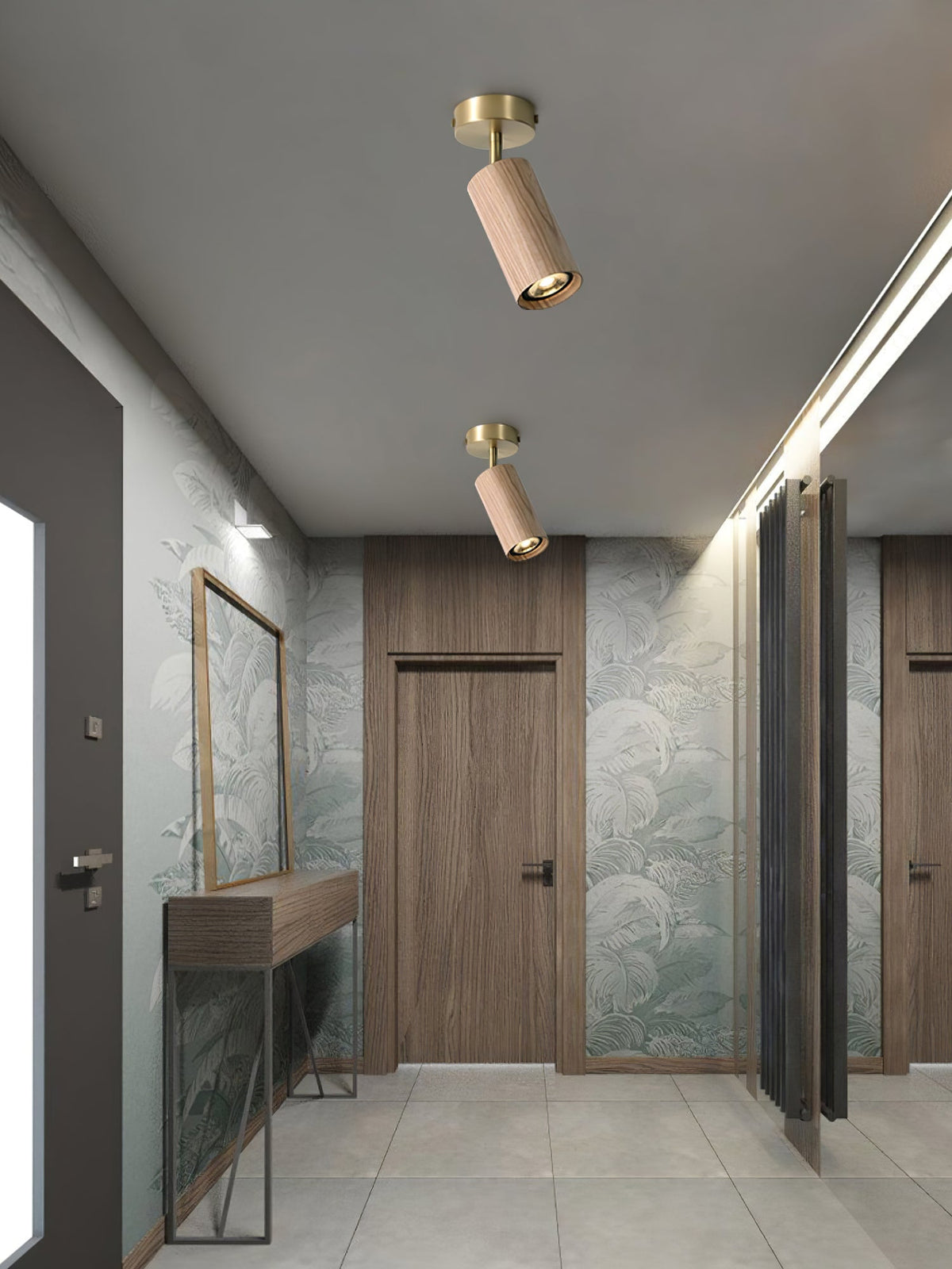 Rowan Ceiling Light in Walnut and Brass, Modern Track Lighting