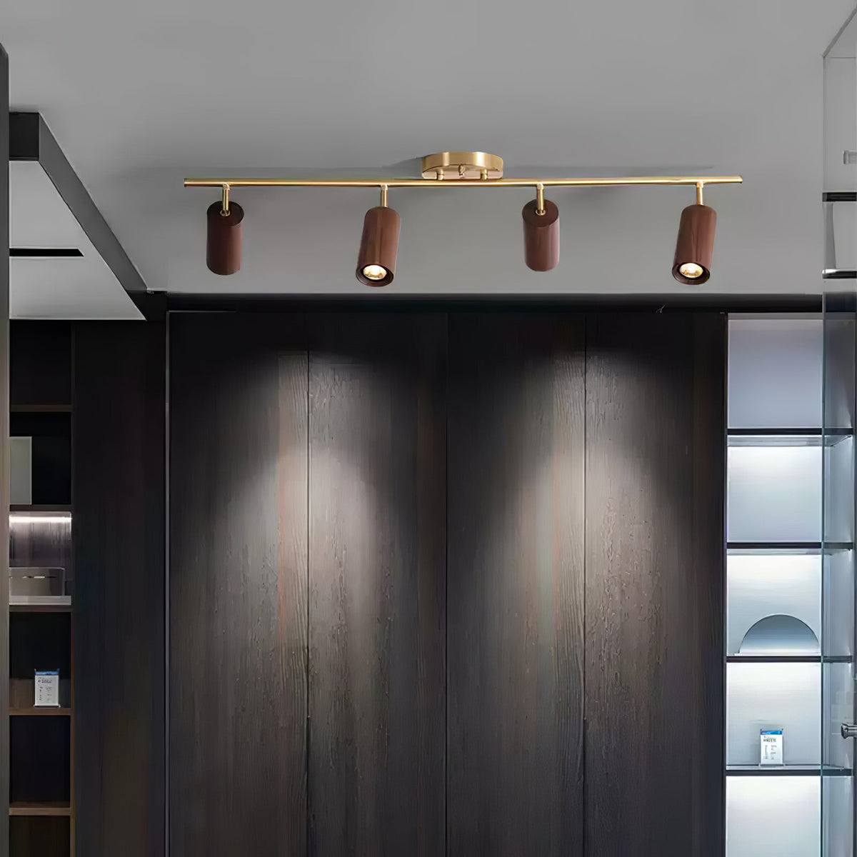 Rowan Ceiling Light in Walnut and Brass, Modern Track Lighting