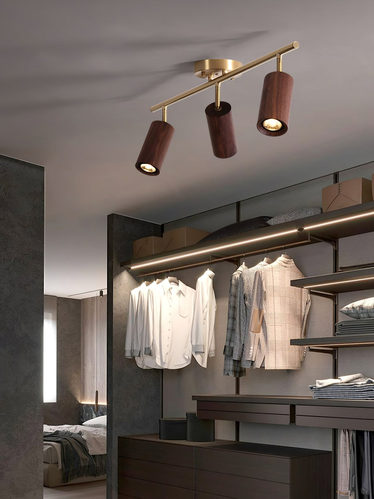 Rowan Ceiling Light in Walnut and Brass, Modern Track Lighting