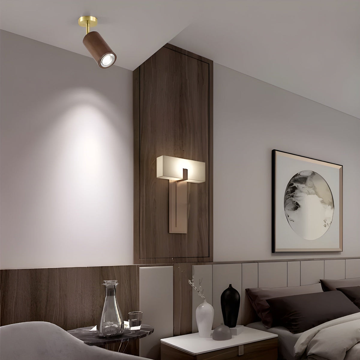 Rowan Ceiling Light in Walnut and Brass, Modern Track Lighting