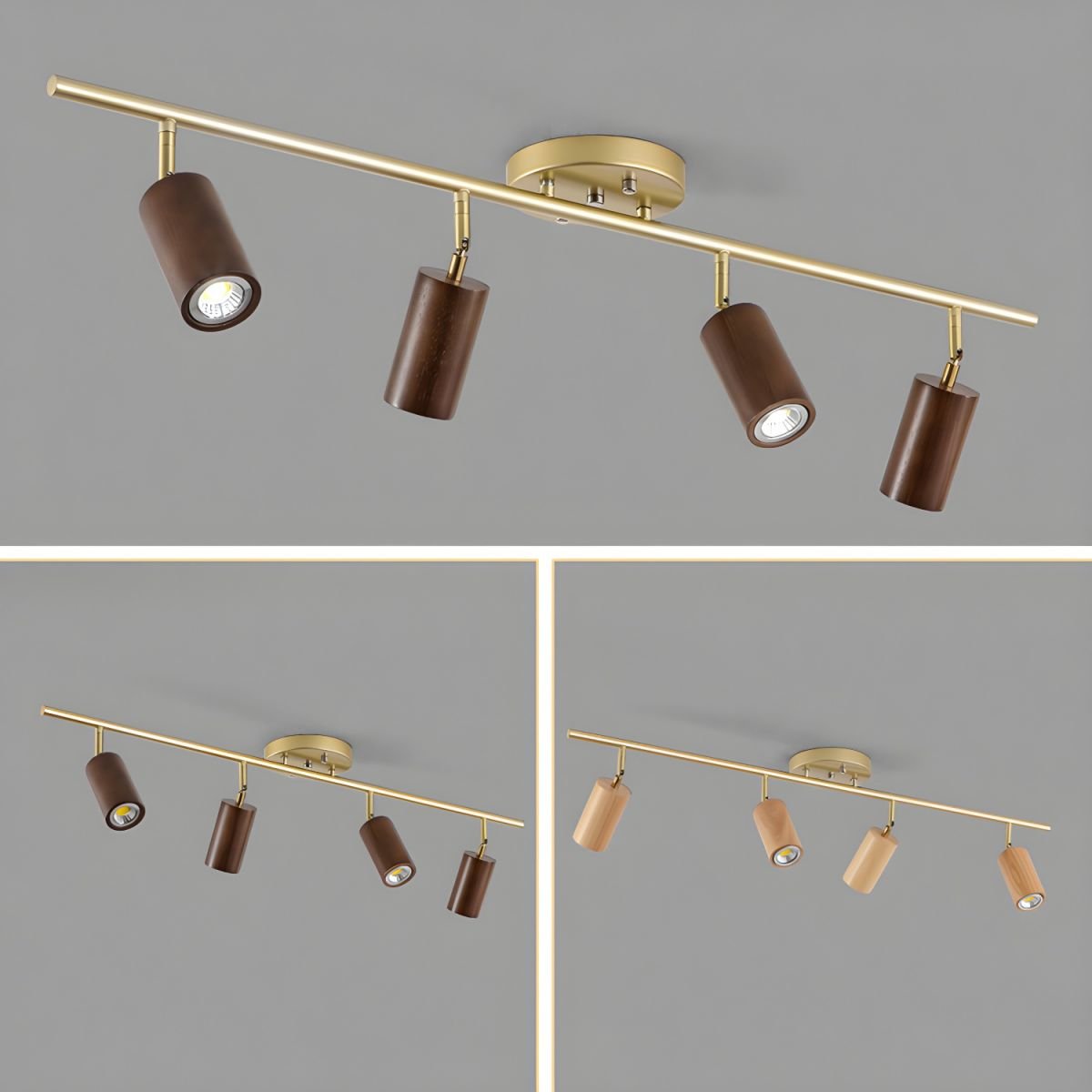 Rowan Ceiling Light in Walnut and Brass, Modern Track Lighting
