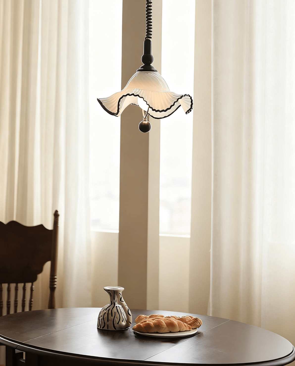 Ruffled Glass Pendant Light with Black Trim for Dining and Kitchen
