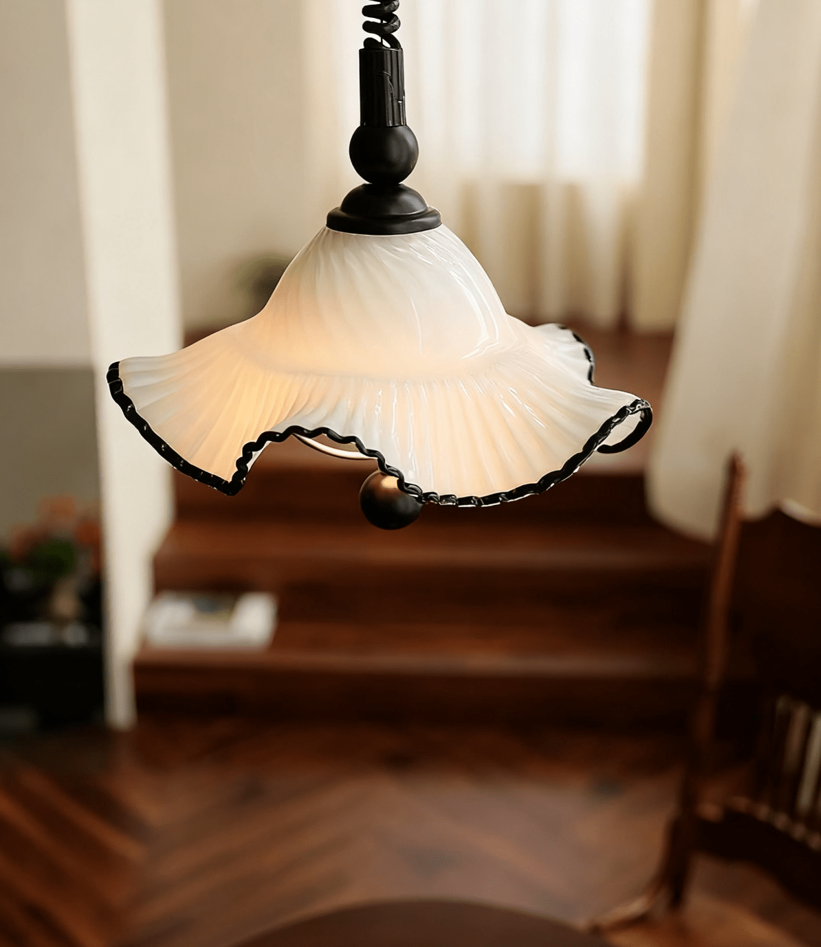 Ruffled Glass Pendant Light with Black Trim for Dining and Kitchen