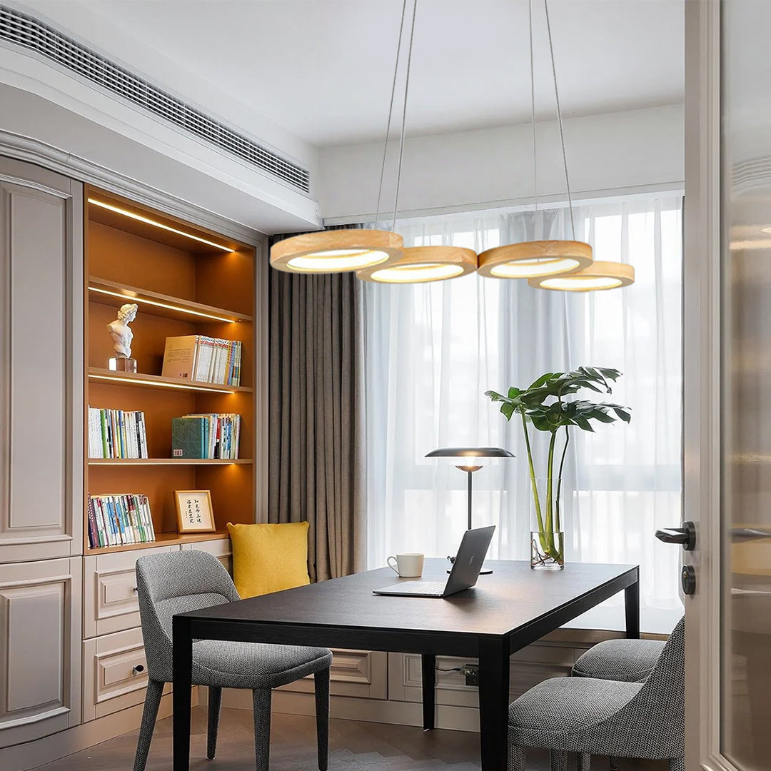 Modern Wood LED Chandelier with Four Ambient Rings for Dining and Living Spaces