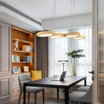 Modern Wood LED Chandelier with Four Ambient Rings for Dining and Living Spaces