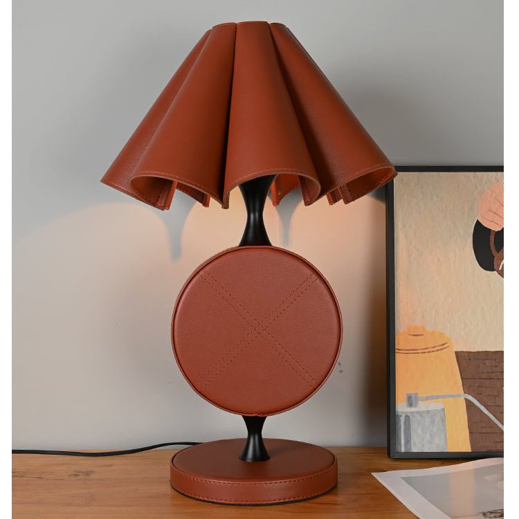 Saddle Stitch Leather Table Lamp with Pleated Shade, Warm Brown