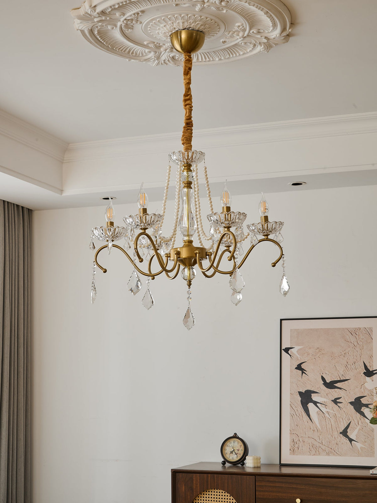 Sapphire Crystal Chandelier – Gold Brass & Pearl Cascade for Dining Room