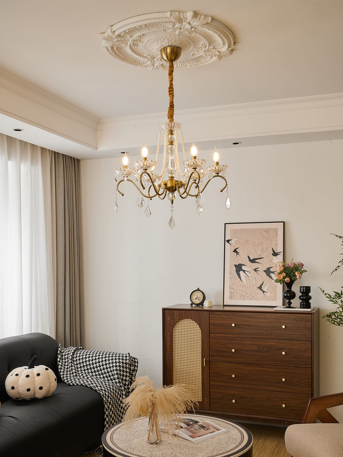 Sapphire Crystal Chandelier – Gold Brass & Pearl Cascade for Dining Room