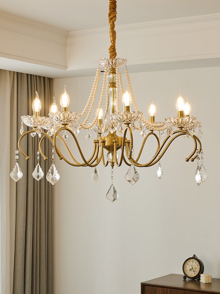 Sapphire Crystal Chandelier – Gold Brass & Pearl Cascade for Dining Room