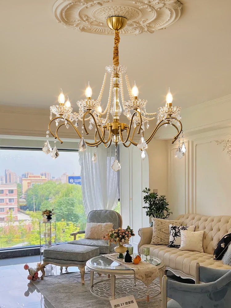 Sapphire Crystal Chandelier – Gold Brass & Pearl Cascade for Dining Room