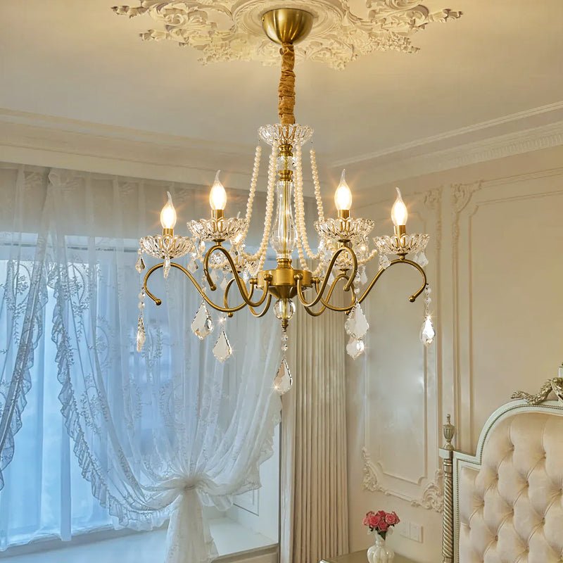 Sapphire Crystal Chandelier – Gold Brass & Pearl Cascade for Dining Room
