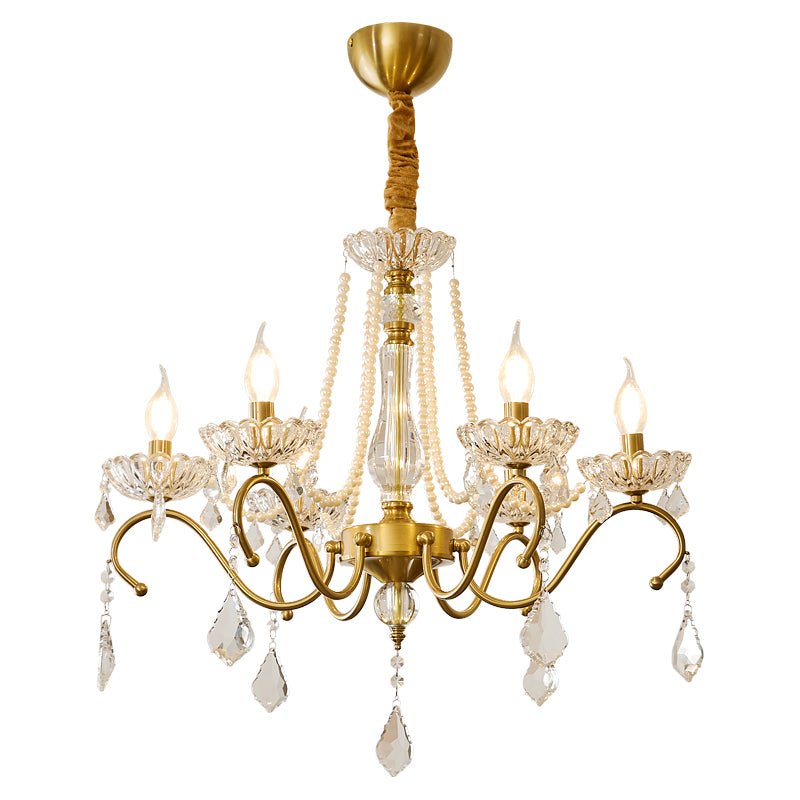 Sapphire Crystal Chandelier – Gold Brass & Pearl Cascade for Dining Room