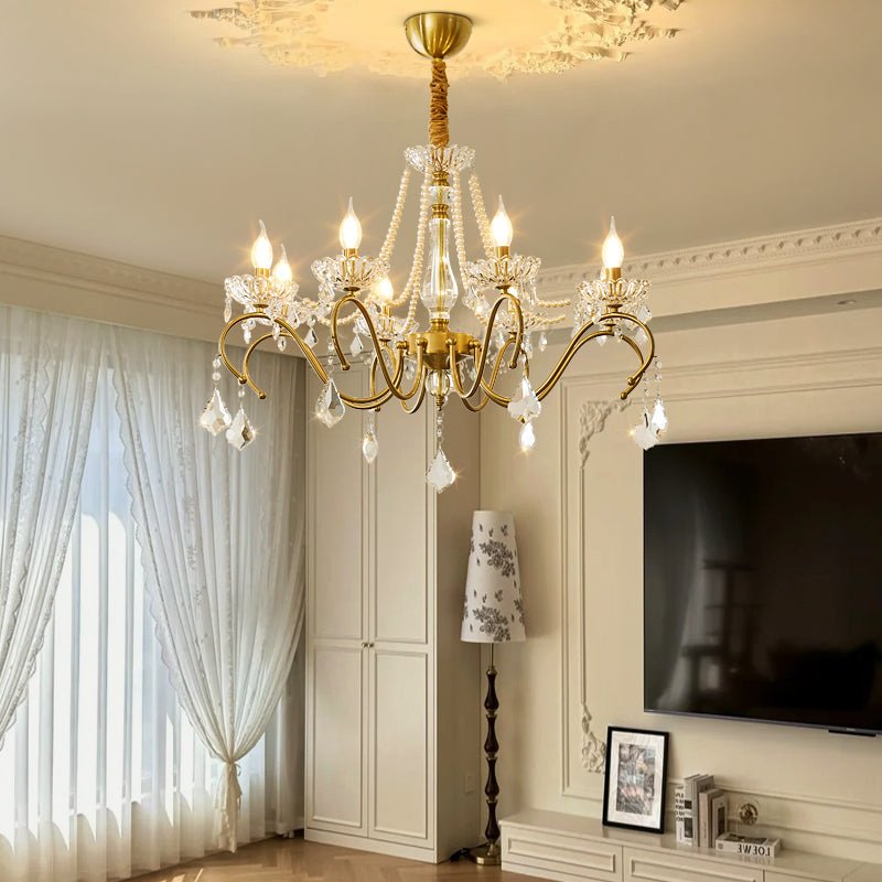 Sapphire Crystal Chandelier – Gold Brass & Pearl Cascade for Dining Room