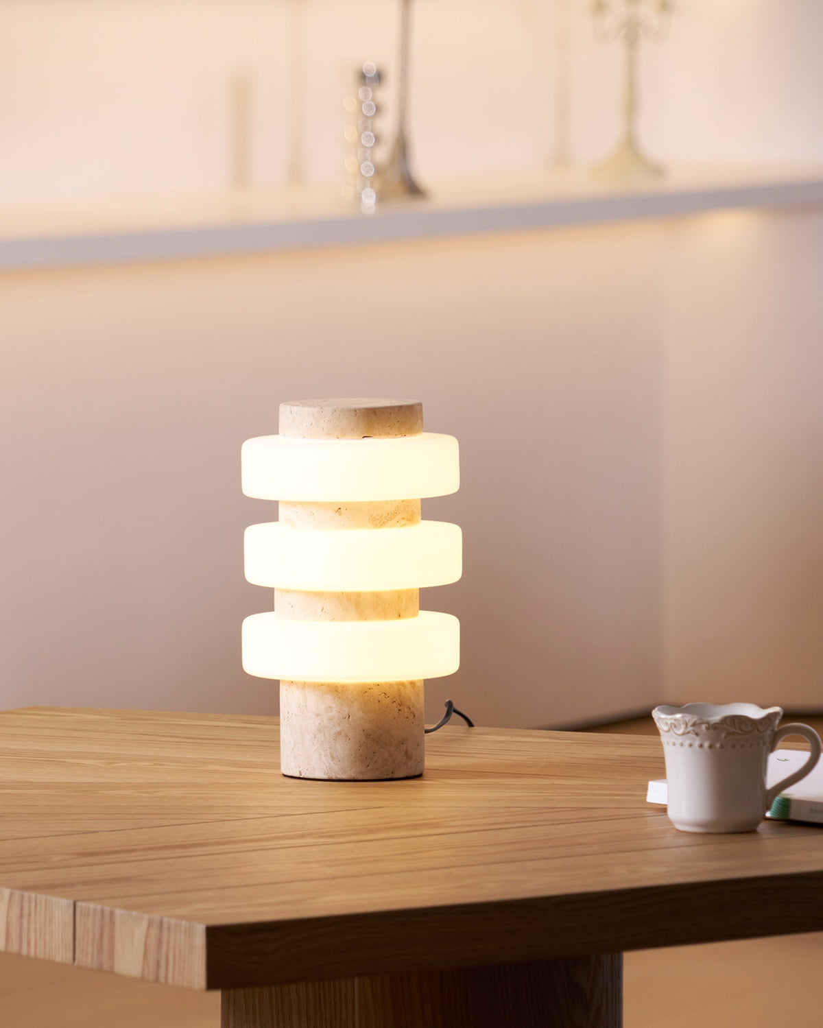 Saturn Travertine Table Lamp – Sculptural LED Accent Light