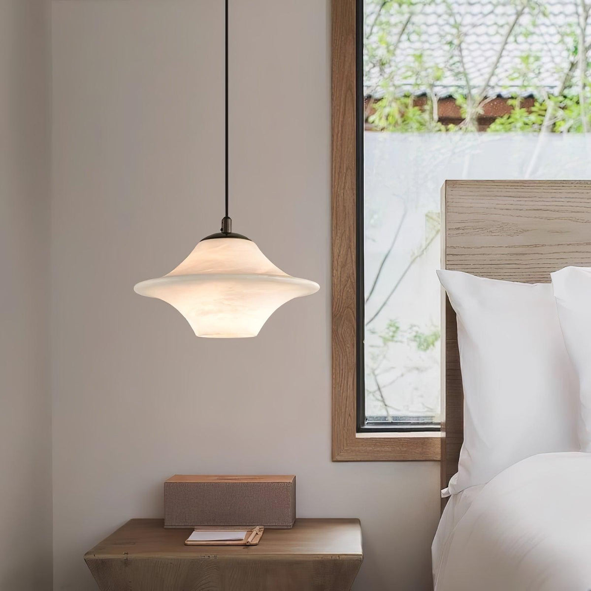 Celestial Alabaster Pendant Light with Black Metal Accents