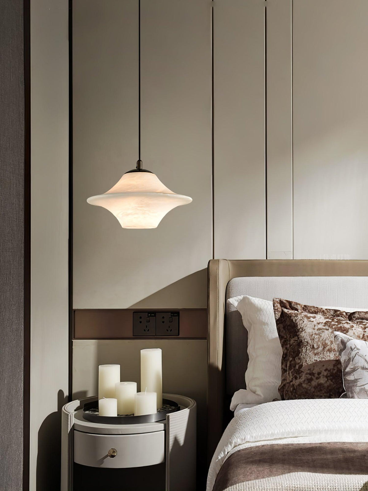 Celestial Alabaster Pendant Light with Black Metal Accents